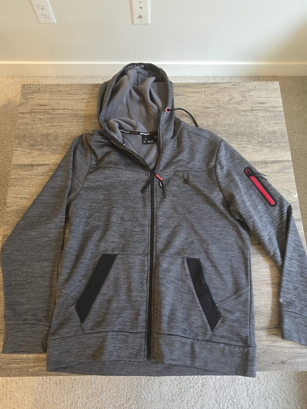 Spyder Men's Gray Full-Zip Performance Hoodie with Red Accent